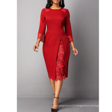 Red O Neck Petal Sleeve Lace Patchwork Slim Big Size Lady Career Dress